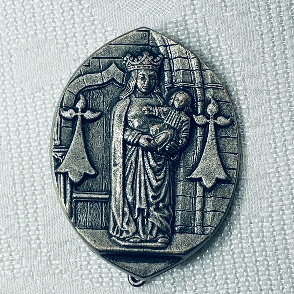 Religious Brooch Pin Virgin Mary & Child signed Planchot vintage french